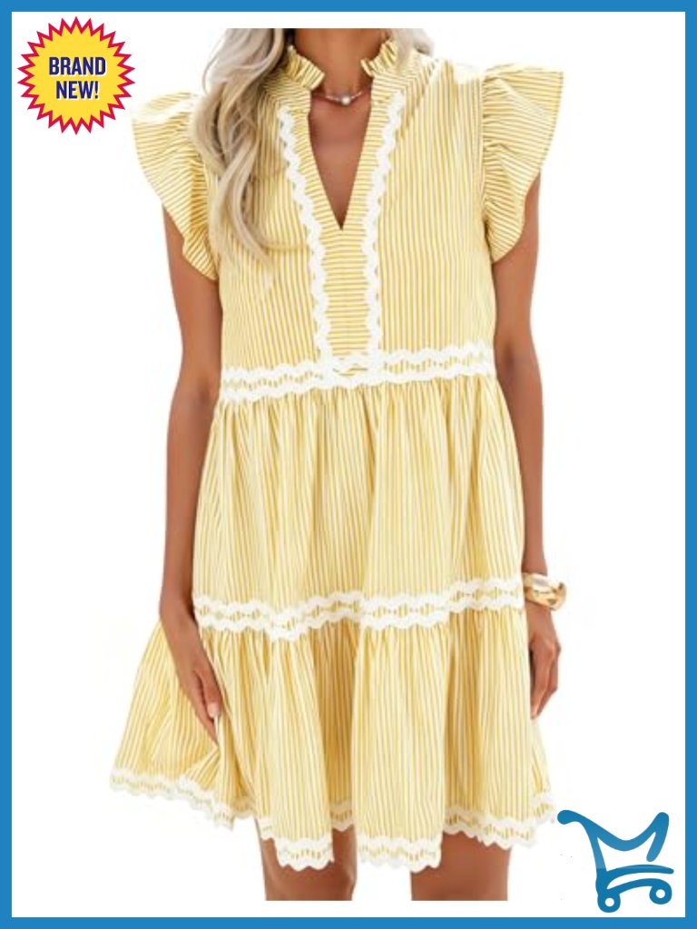 Women's V Neck Flutter Sleeve Striped Ruffle A Line Mini Dress